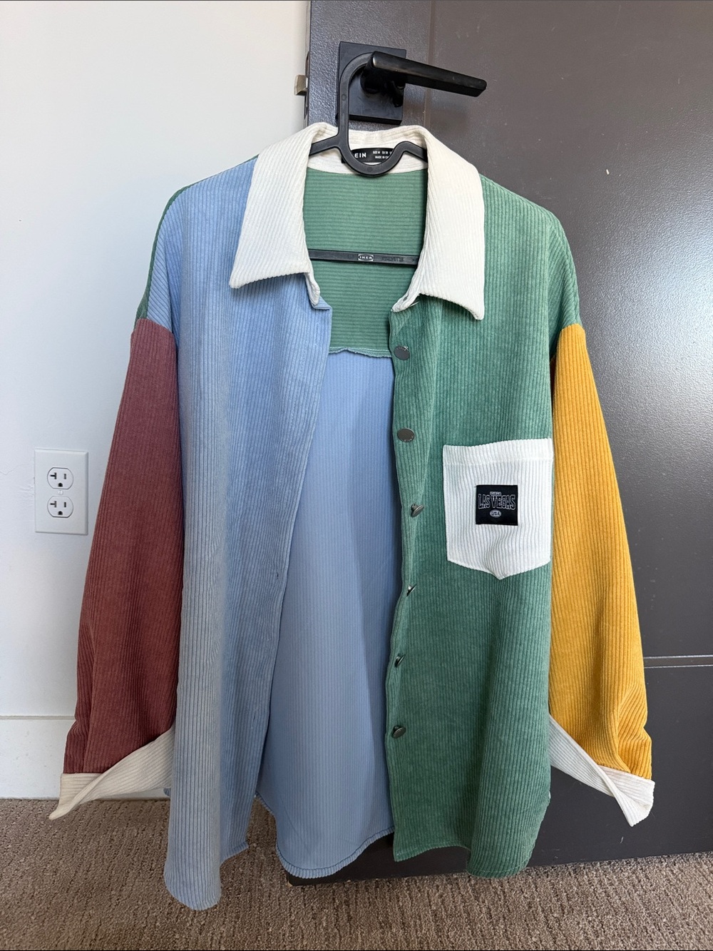 SHEIN Colorblock Corduroy Button-Up Jacket in Green, Blue, Yellow, Burgundy